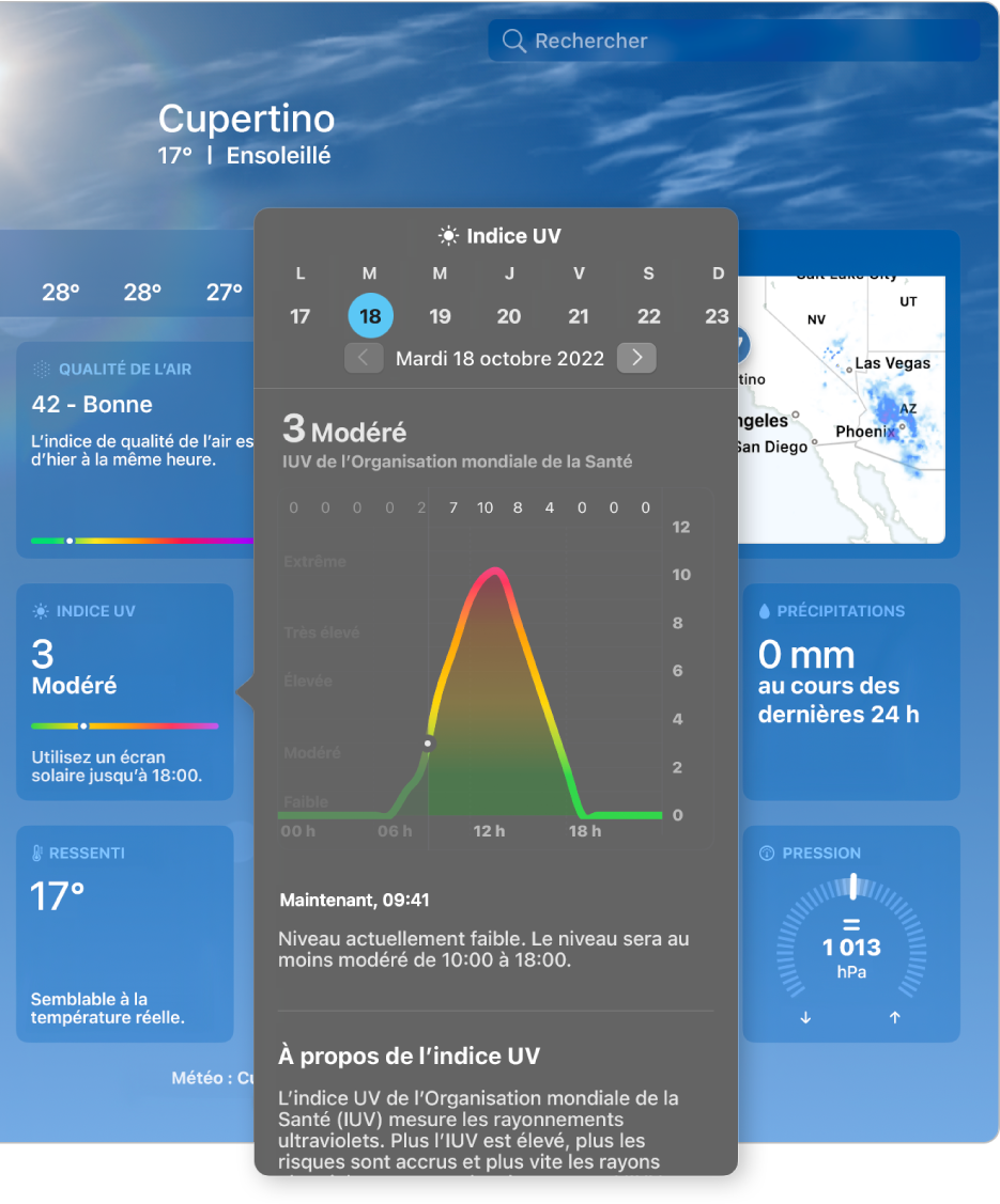 La fenêtre de l’indice UV illustrant un graphique de l’UVI de l’Organisation mondiale de la santé tout au long de la journée, ainsi qu’une description des données.