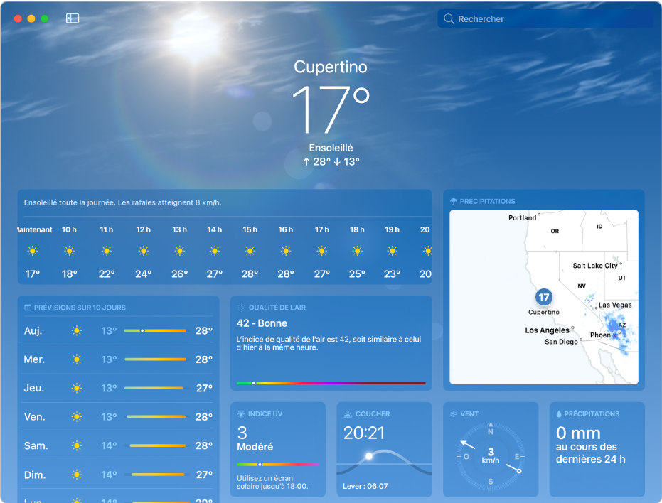 L’écran Météo affichant la température actuelle, les températures maximales et minimales de la journée, les prévisions horaires, les prévisions sur 10 jours, une carte des précipitations et des données sur la qualité de l’air, le coucher du soleil, le vent et la quantité de précipitations.