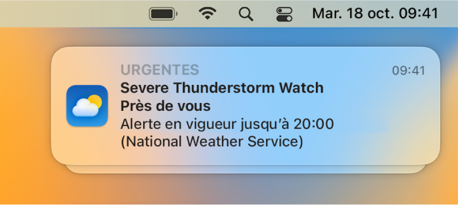 Une notification indiquant une alerte du service météorologique national concernant un orage violent.