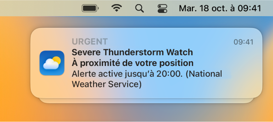 Une notification affichant une alerte du service météo national signalant un orage important.