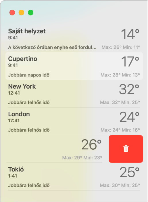 Az oldalsáv, amelyen különböző helyek láthatók az időjáráslistában.