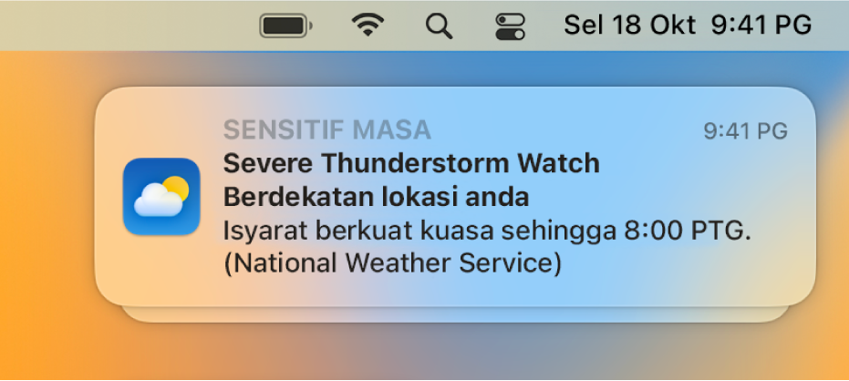 Pemberitahuan menunjukkan isyarat daripada perkhidmatan Cuaca Kebangsaan tentang ribut petir buruk.