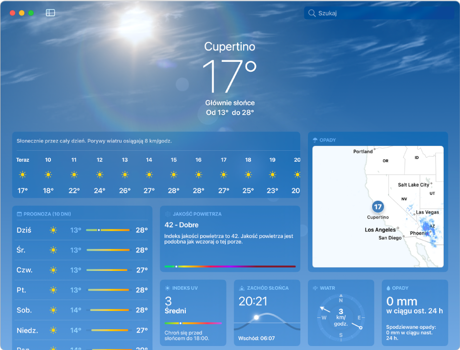 Ekran aplikacji Pogoda pokazujący aktualną temperaturę, dzienną temperaturę maksymalną oraz minimalną, prognozę godzinową, prognozę 10-dniową, mapę opadów oraz dane dotyczące jakości powietrza, zachodu słońca, wiatru i ilości opadów.