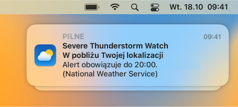 Powiadomienie pokazujące ostrzeżenie z Krajowej Służby Pogodowej o gwałtownej burzy z piorunami.