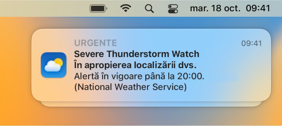 O notificare afișând o alertă de la serviciul meteo național pentru o furtună puternică.