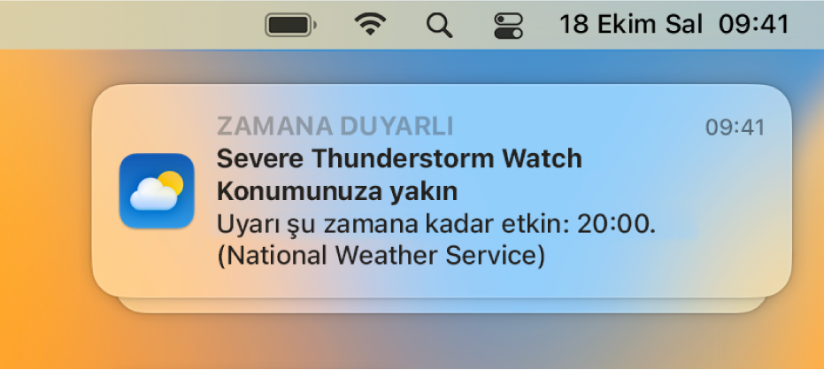 Ulusal Hava Durumu servisinin kuvvetli gök gürültülü fırtına uyarısını gösteren bir bildirim.