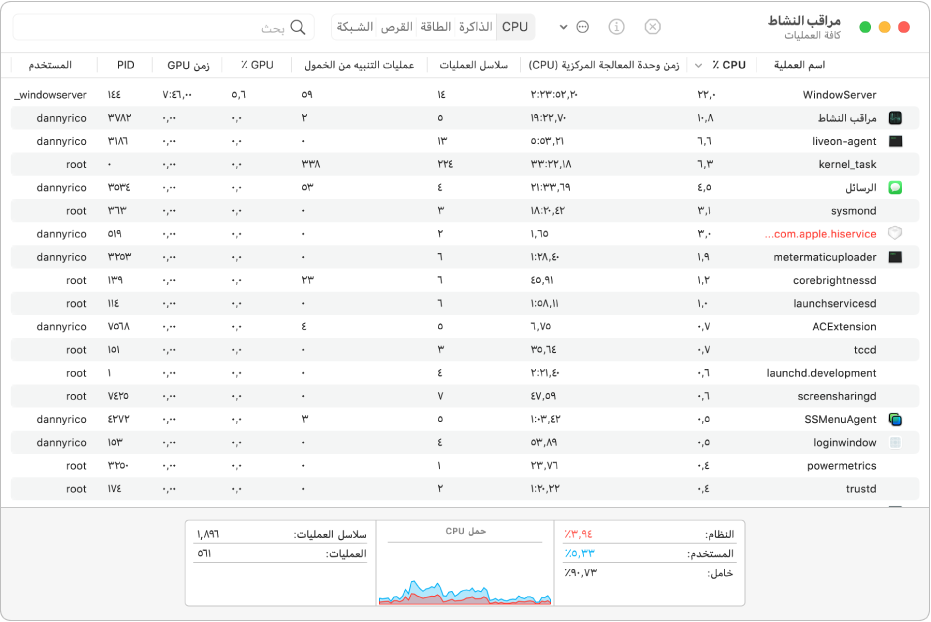 نافذة لعملية غير مستجيبة في مراقب النشاط.