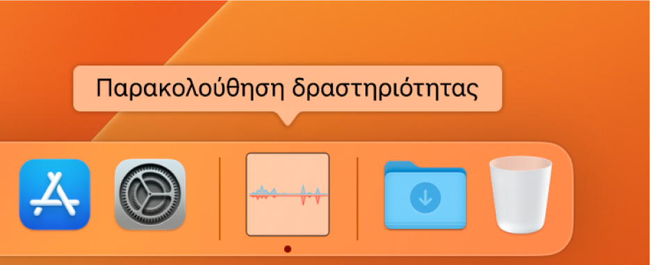 Το παράθυρο Παρακολούθησης δραστηριότητας στο Dock όπου φαίνεται η χρήση δικτύου.