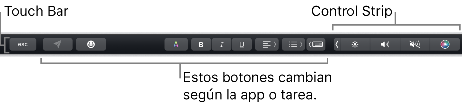 La Touch Bar en la parte superior del teclado, con la Control Strip contraída a la derecha y botones que varían según la app o la tarea.