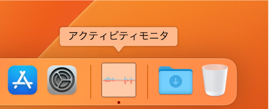 Dockのアクティビティモニタアイコンにネットワークの使用状況が表示されています。
