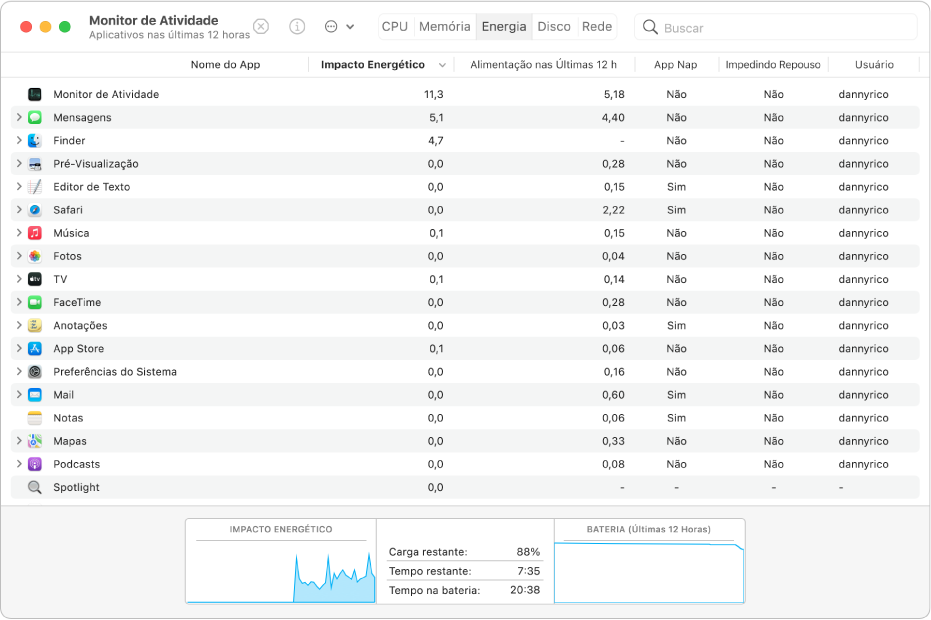 O painel Energia do Monitor de Atividade. O painel mostra uma lista de apps, com informações organizadas em colunas sobre o uso de energia por cada um deles. Na parte inferior da janela encontra-se um gráfico que mostra informações sobre o impacto energético geral.