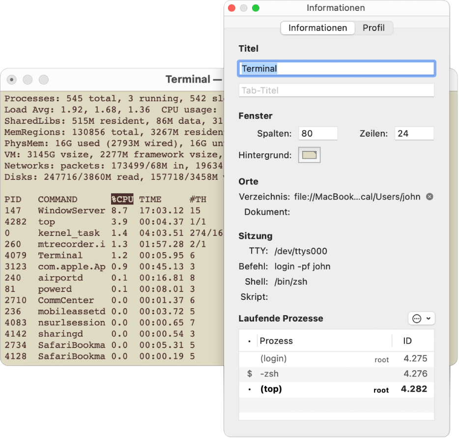 Der Bereich „Informationen“ in Terminal