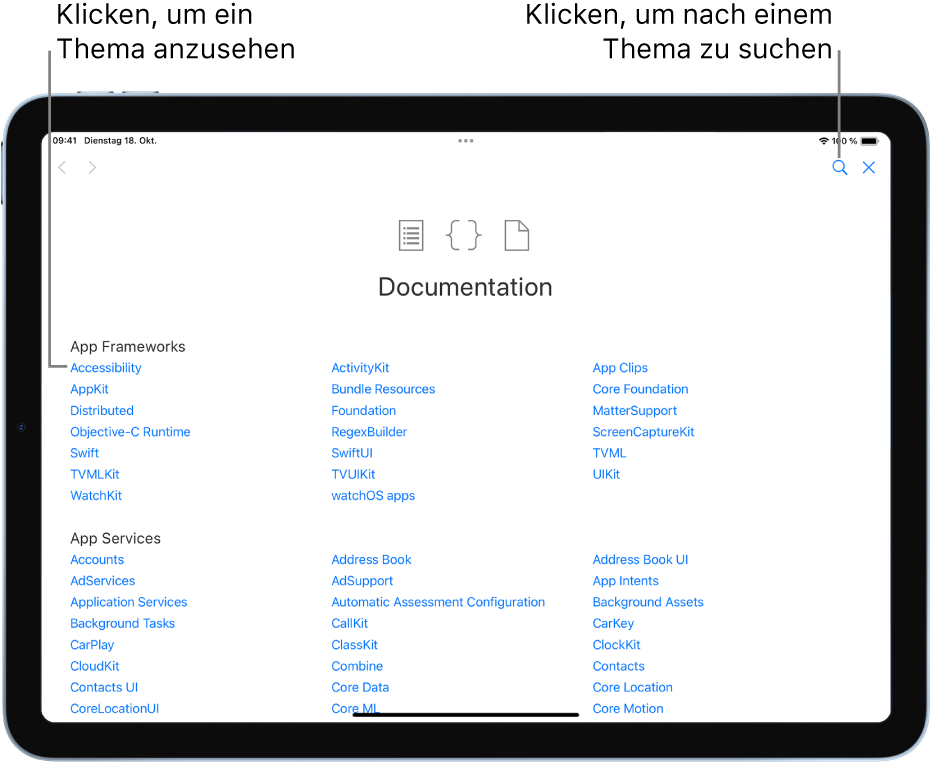 Die Seite „Inhaltsverzeichnis“ in der Swift-Dokumentation mit der Suchtaste oben rechts sowie den Themen, die angezeigt werden, wenn du darauf tippst.