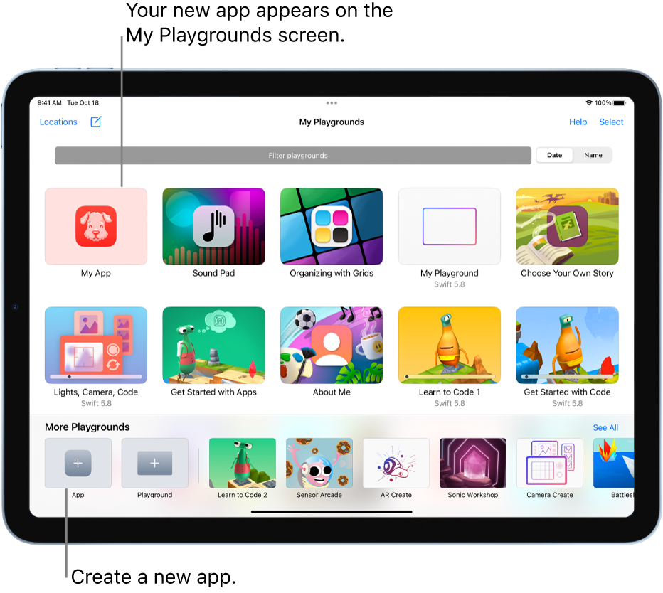 The My Playgrounds screen. At the bottom left is the App button for creating an app playground.