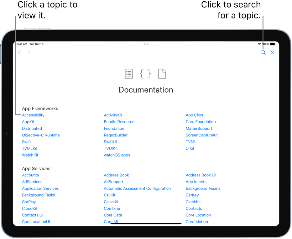 The Table of Contents page in the Swift Documentation, showing the search button at the top right, and topics you can tap to read.