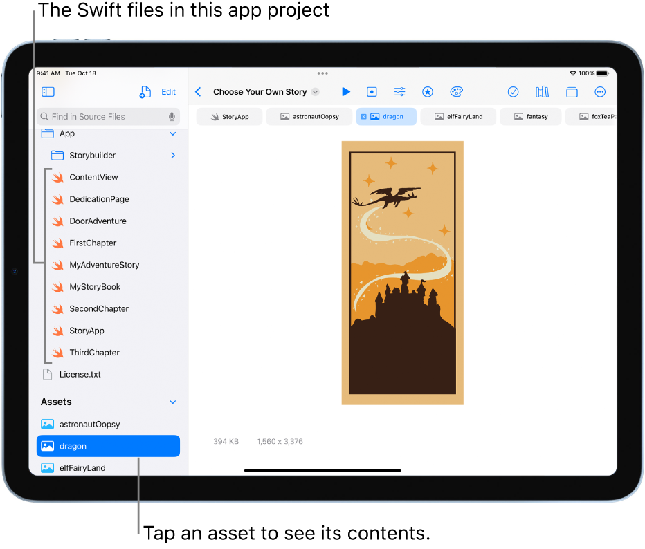 An open app playground called Choose Your Own Story. The coding area is visible and the left sidebar is open, showing the Swift files and other assets in the app playground. The asset “dragon” is selected in the left sidebar, and its contents are displayed in the coding area.