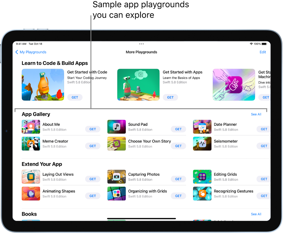 The More Playgrounds screen, scrolled to show the App Gallery at the top, with sample app playgrounds you can use as starting points to build apps by adding your own code. Each app playground has a Get button you can tap to download it. The app playgrounds in the next section, Extend Your App, contain code you can use to extend other apps you download or create. The bottom section, Books, includes playground books.