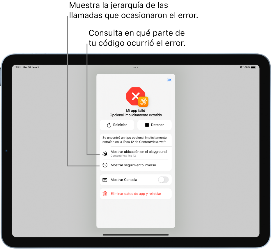 Una pantalla mostrando información sobre un fallo que ocurrió al ejecutar la app.