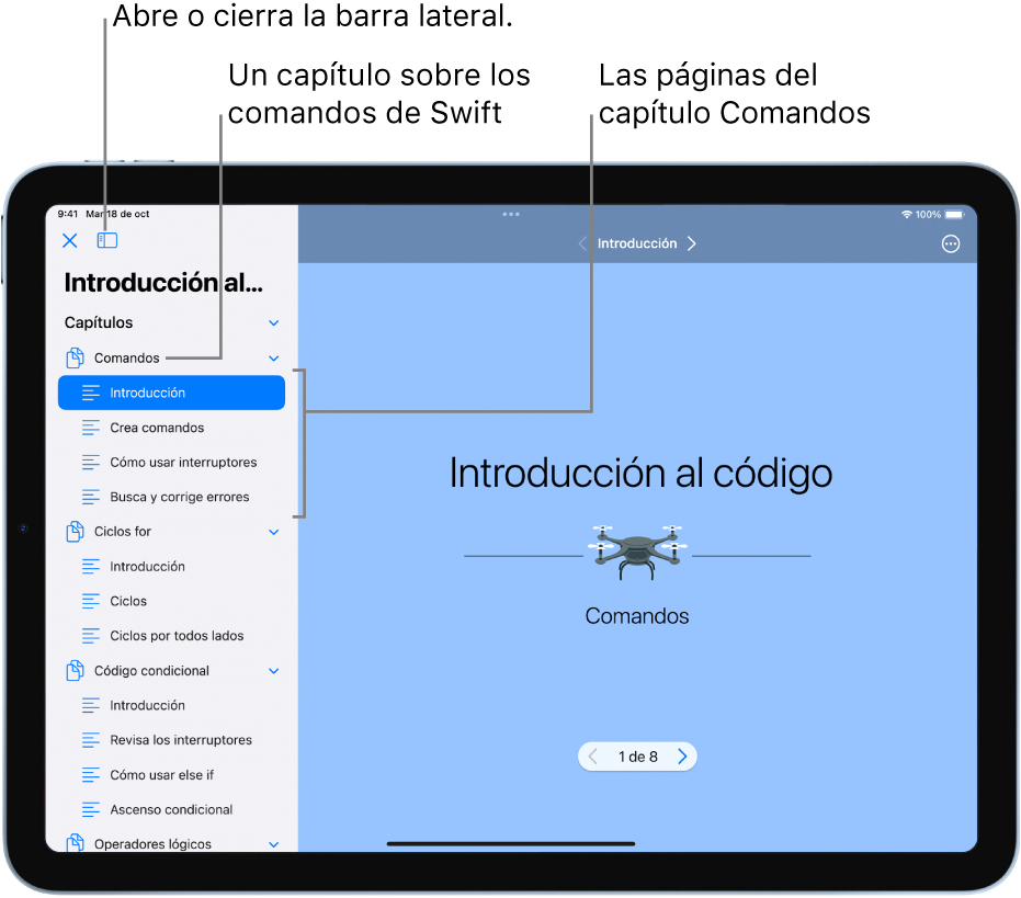 La primera diapositiva del capítulo Introducción a los comandos en el libro de playground Introducción al código. La barra lateral está abierta y muestra los capítulos y páginas del playground.