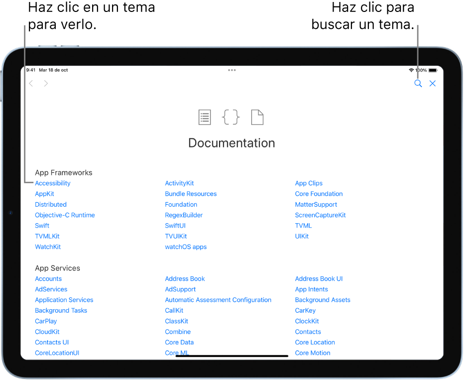 La tabla de contenidos de la documentación de Swift mostrando el botón de búsqueda en la parte superior derecha y los temas que puedes seleccionar para leer.