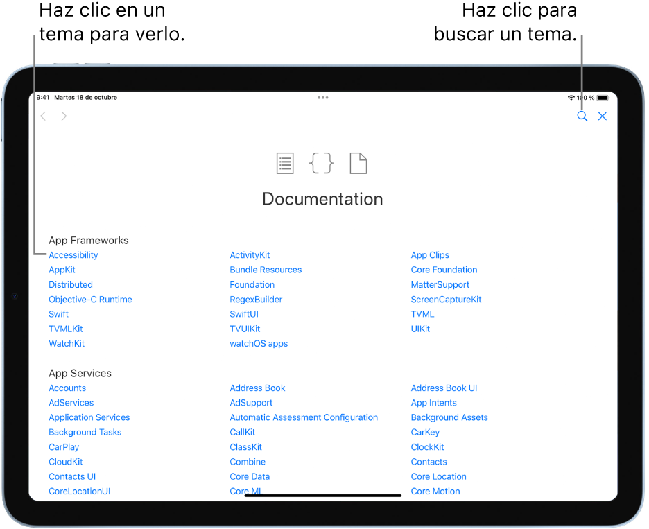 Página de índice de la documentación de Swift, donde se ve el botón de búsqueda en la parte superior derecha y temas que se pueden tocar para poder leerlos.