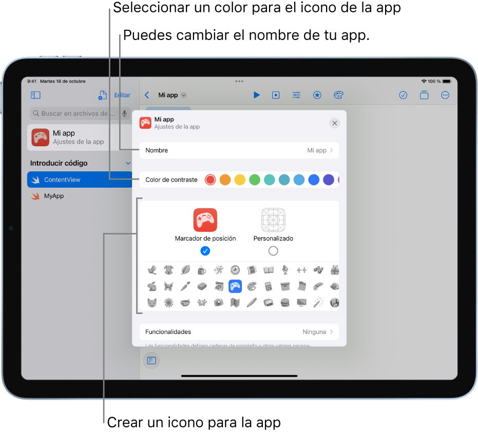 Los ajustes de una app, que muestra el nombre de la app y los colores y las ilustraciones que se pueden usar para crear el icono de la app.