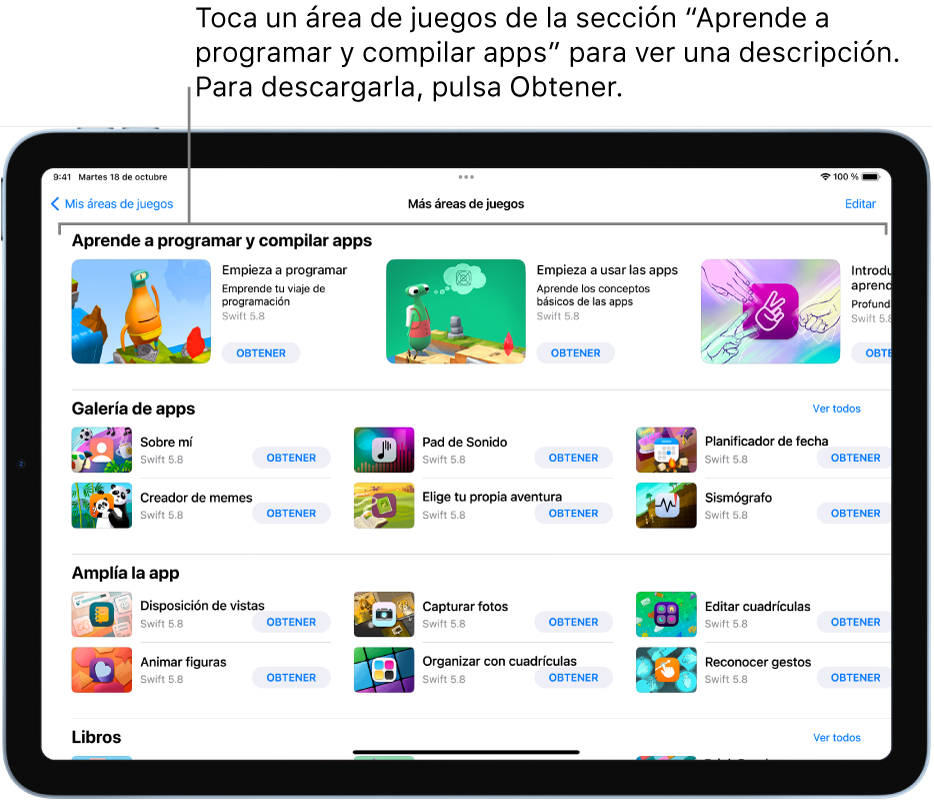 La pantalla “Más áreas de juegos” con los tutoriales de la sección “Aprende a programar y compilar apps” en la parte superior.