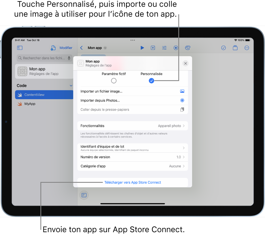 La fenêtre « Réglages de l’app » pour une app. Tu peux utiliser les commandes de cette fenêtre pour identifier ton app et la télécharger vers App Store Connect.