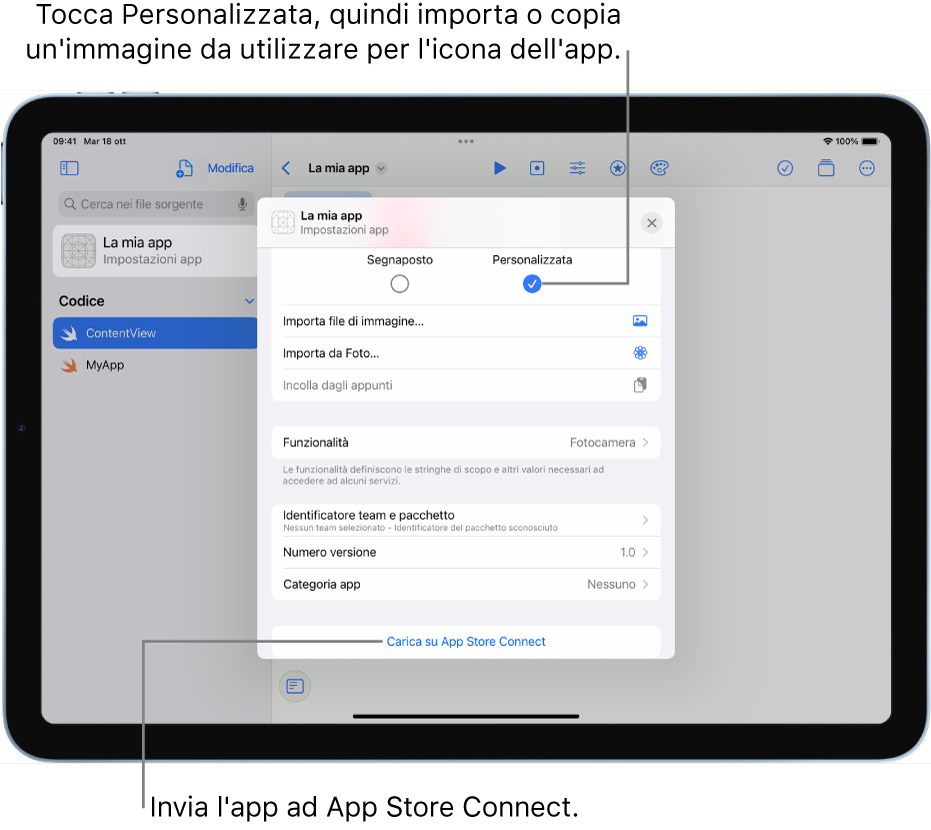 La finestra “Impostazioni app” di un'app. Puoi utilizzare i controlli in questa finestra per identificare la tua app e per caricarla su App Store Connect.