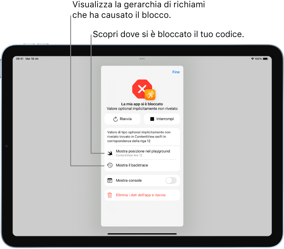 Una schermata che mostra le informazioni su un blocco che è avvenuto durante l'esecuzione dell'app.