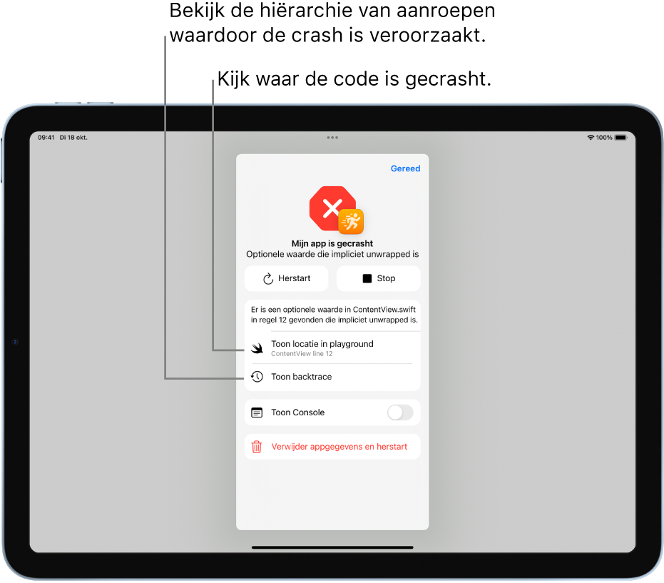 Een scherm met informatie over een crash die zich tijdens het uitvoeren van de app heeft voorgedaan.