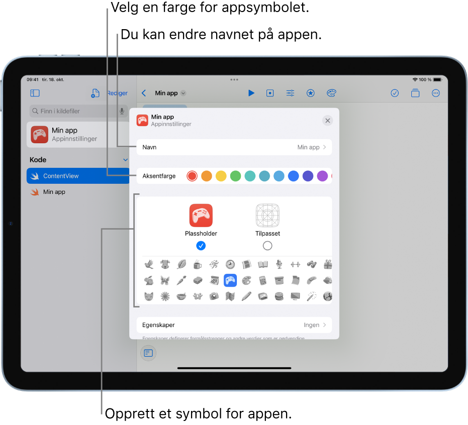 Appinnstillingene for en app, som viser navnet på appen og fargene og kunsten som kan brukes til å opprette appsymbolet.