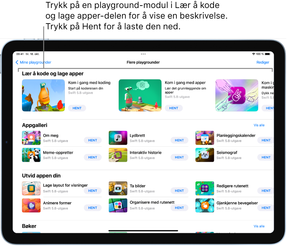 Flere playgrounder-skjermen, som viser eksemplene i Lær å kode og lage apper-delen øverst.