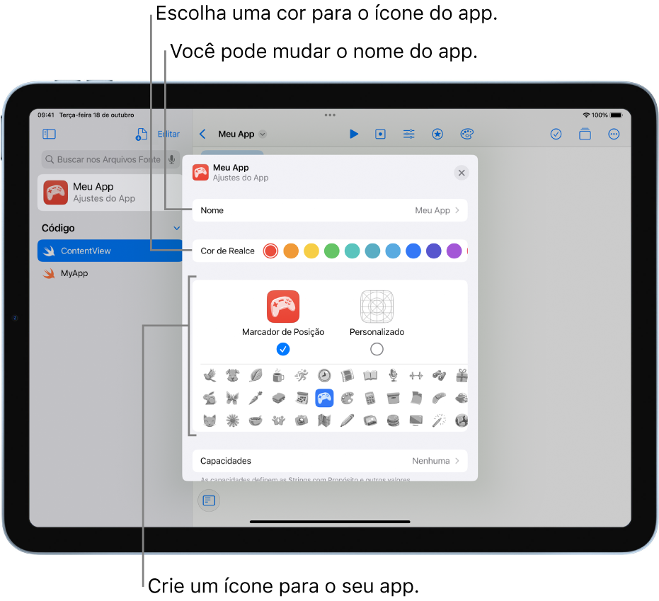 Janela Ajustes do App de um app, mostrando o nome do app, e as cores e a arte que podem ser usadas para criar o ícone do app.