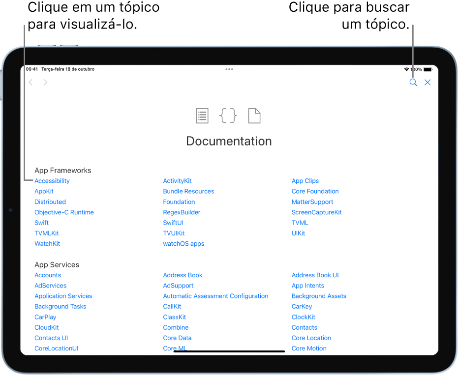 Página do Índice da Documentação de Swift, mostrando o botão de busca na parte superior direita e os tópicos que você pode tocar para ler.