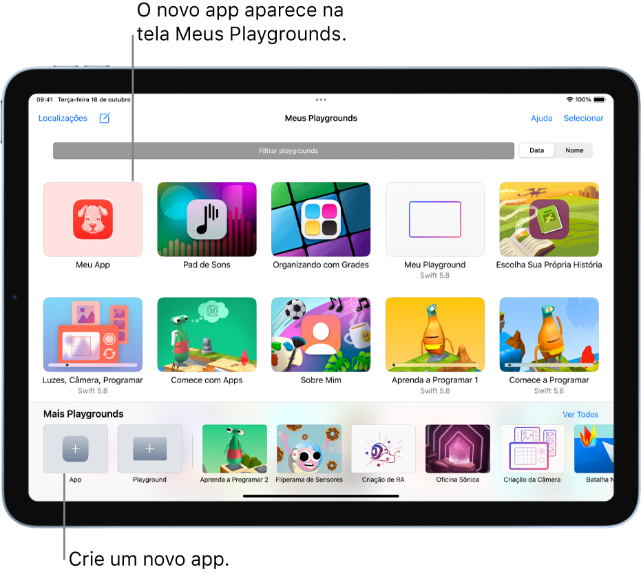Tela Meus Playgrounds. Na parte inferior esquerda está o botão App, para criar um playground de app.