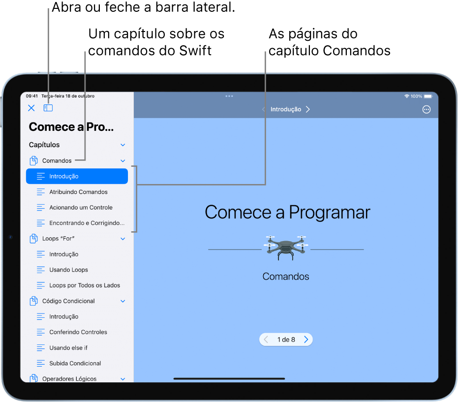 O primeiro slide da Introdução ao capítulo Comandos no livro do playground Comece a Programar. A barra lateral está aberta, mostrando os capítulos e páginas do playground.