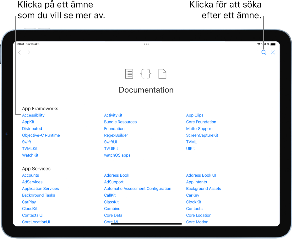 Sidan med innehållsförteckningen i Swift-dokumentationen med en sökknapp överst till höger och ämnen du kan trycka på för att läsa.