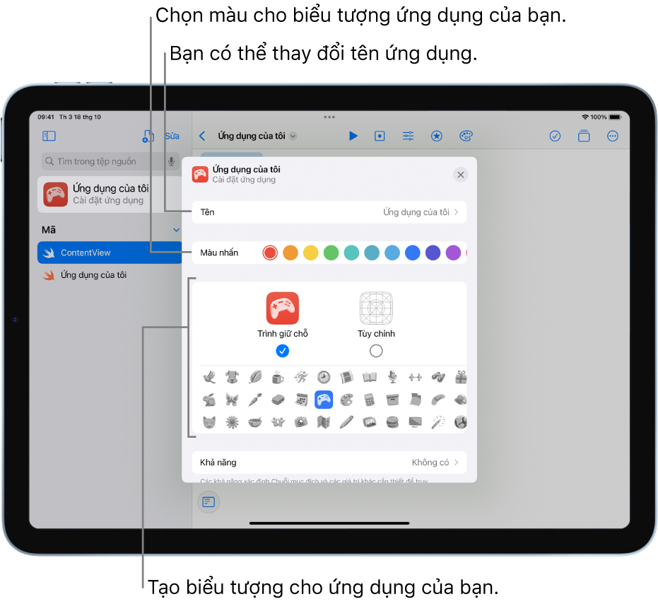 Cài đặt ứng dụng cho một ứng dụng, đang hiển thị tên của ứng dụng cũng như các màu và hình ảnh có thể được sử dụng để tạo biểu tượng ứng dụng.