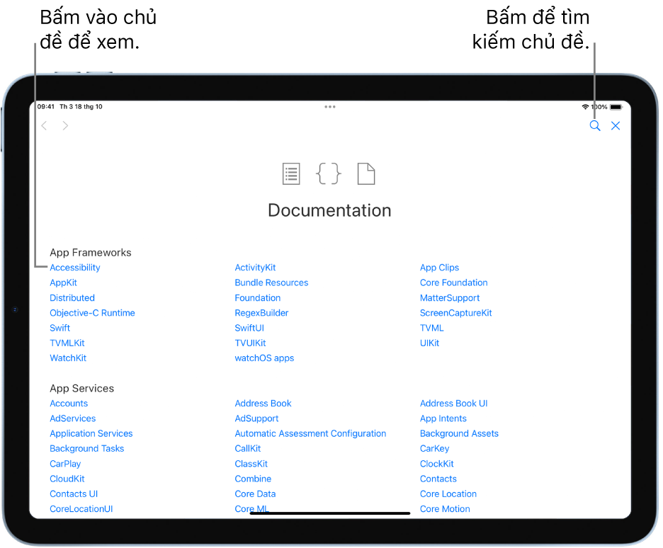 Trang Bảng mục lục trong Tài liệu Swift, đang hiển thị nút tìm kiếm ở trên cùng bên phải và các chủ đề mà bạn có thể chạm vào để đọc.