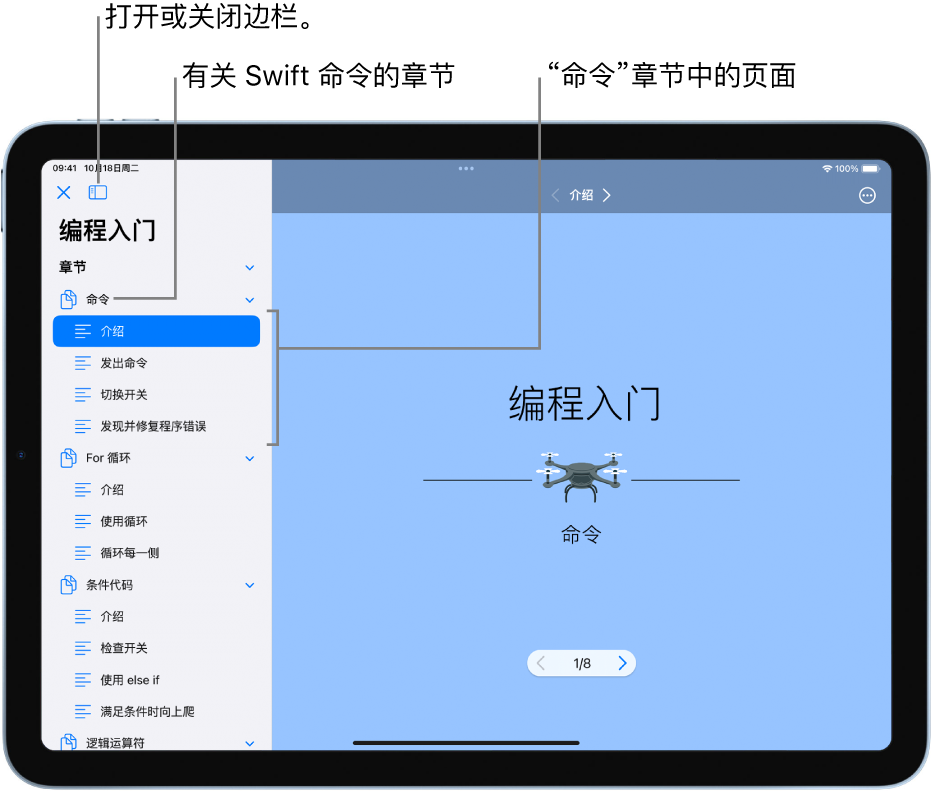 “编程入门” Playground 图书中“介绍命令”章节的第一张幻灯片。边栏打开，显示 Playground 中的章节和页面。