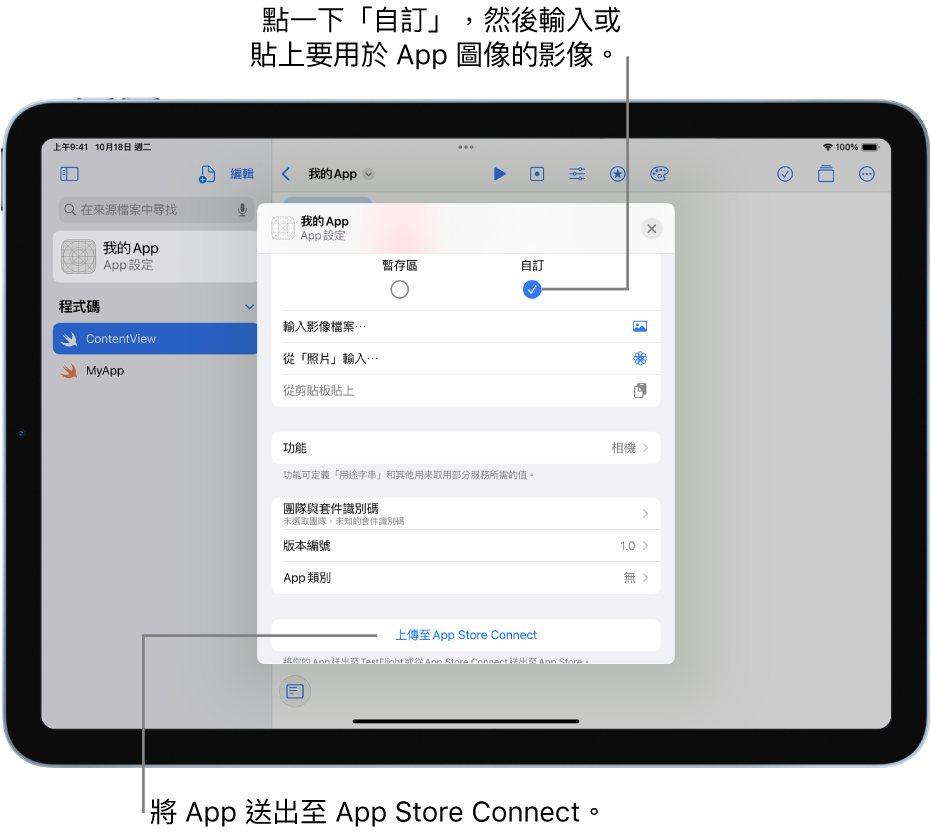 App 的「App 設定」視窗。你可以使用此視窗中的控制項目來識別 App 並將其上傳到 App Store Connect。