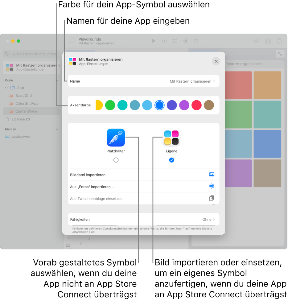 Das Fenster „App-Einstellungen“ einer App mit dem Namen der App, den Farben und Medien, mit denen das App-Symbol erstellt werden kann.