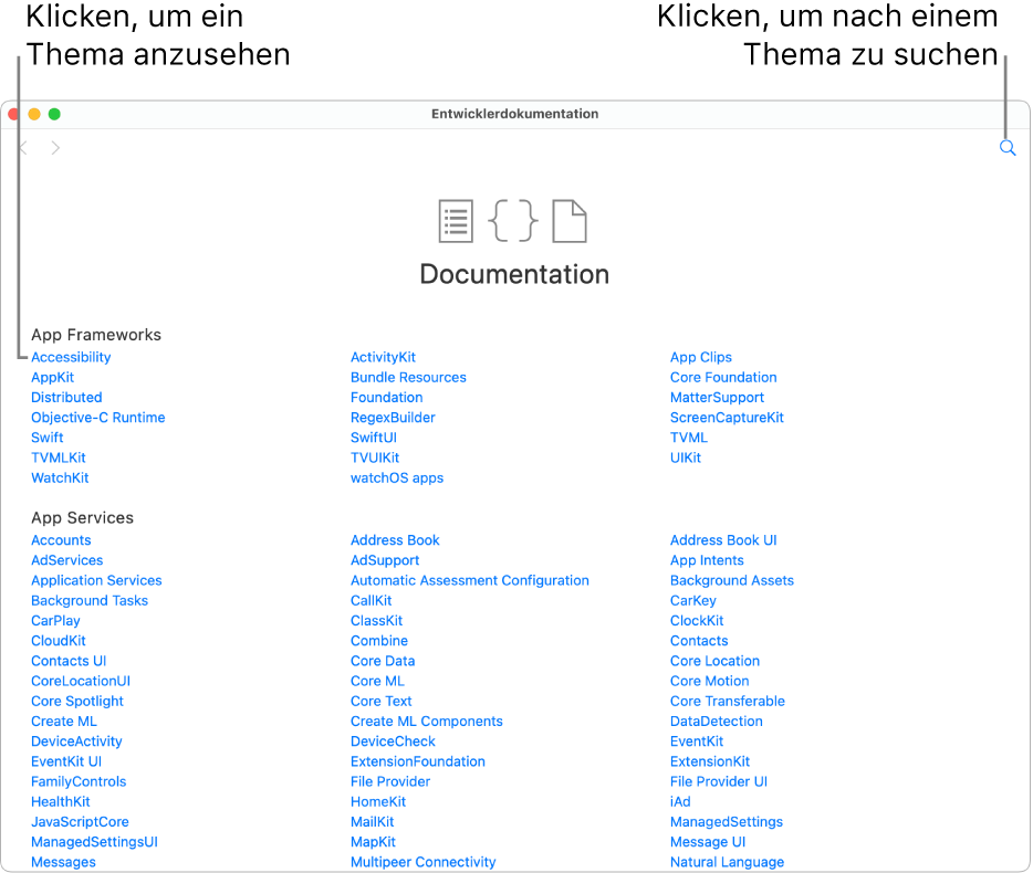 Die Swift Developer-Dokumentation enthält ein Inhaltsverzeichnis; das Symbol „Suchen“ befindet sich oben rechts und die Themen können durch Klicken angezeigt und gelesen werden.