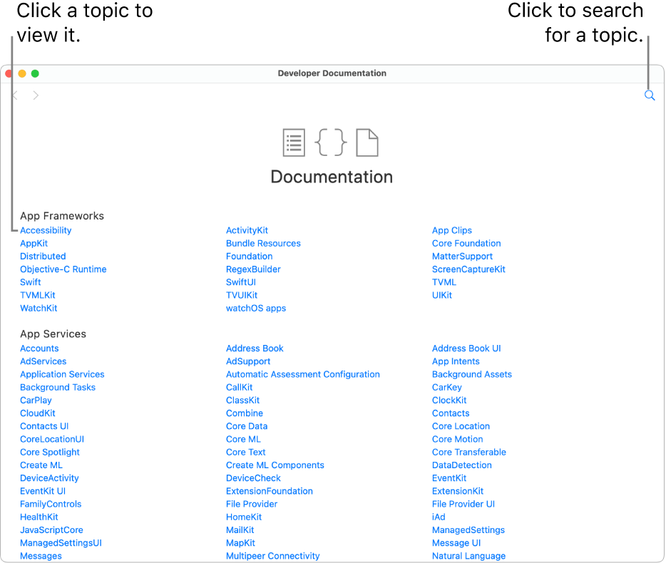 The Swift Developer Documentation, showing the table of contents, the search icon at the top right, and the topics you can click to read.