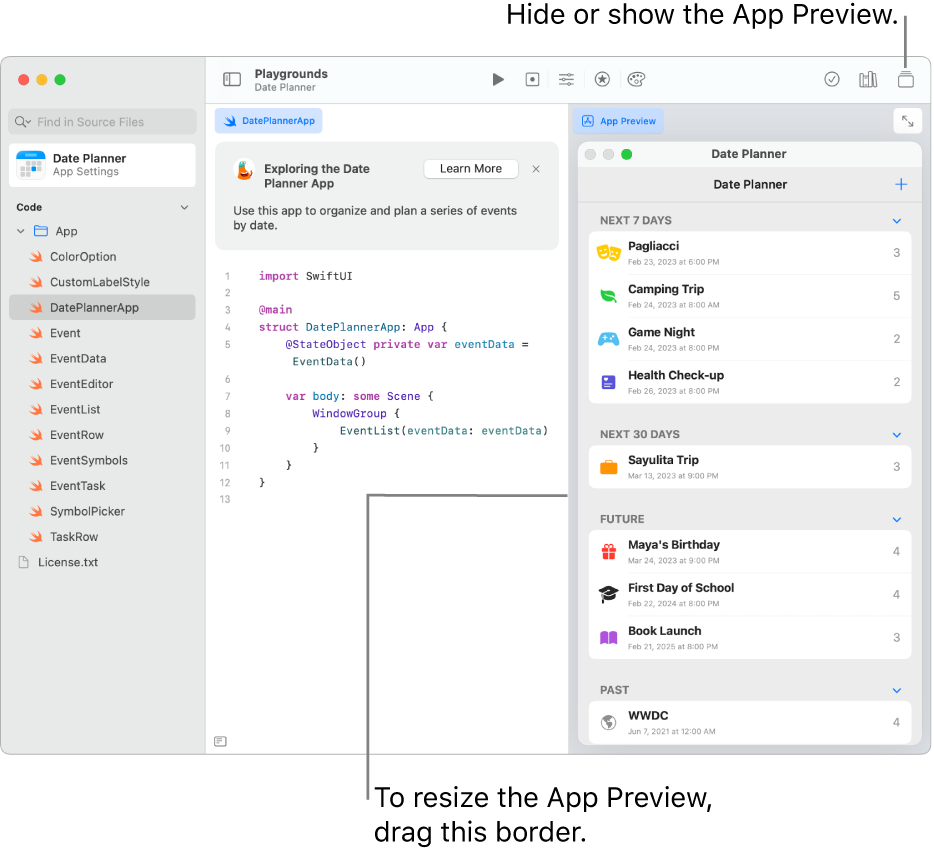 A date planner app, showing sample code on the left and the result of the code in the App Preview on the right. Above the coding area is a brief description of the app, with a Learn More button you can click to find out more about the app.