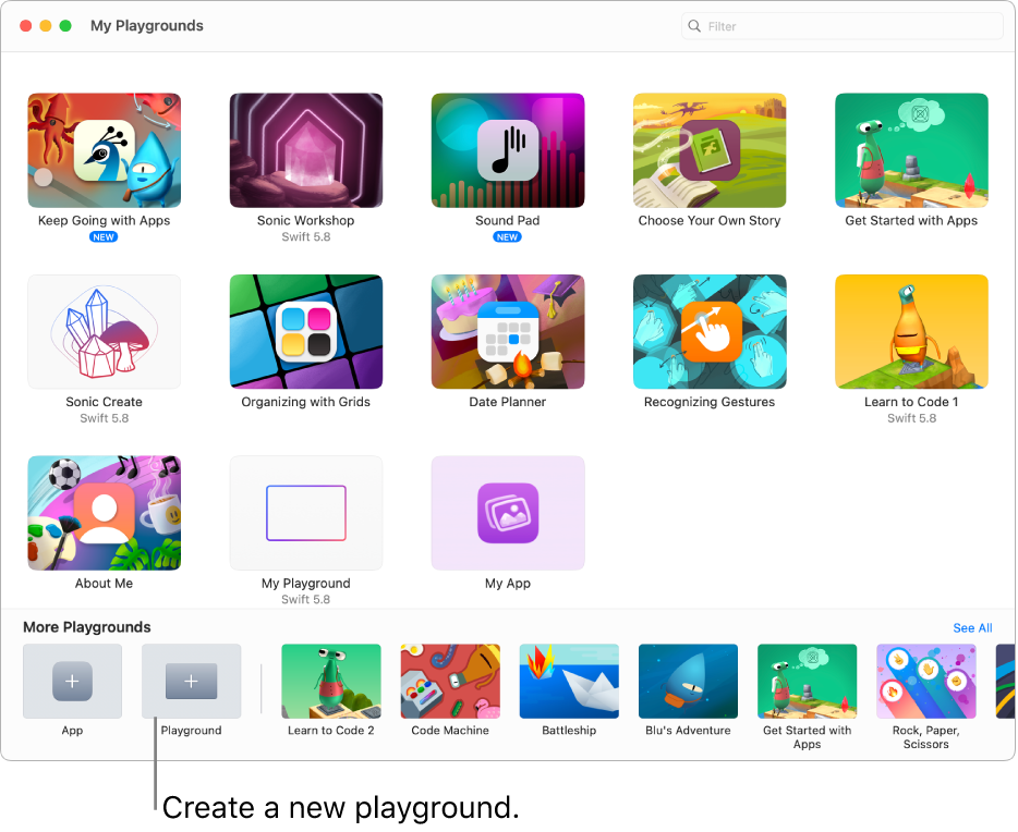 The My Playgrounds window, showing playgrounds you’ve downloaded or created and the Playground button at the bottom for creating a new playground book from scratch.