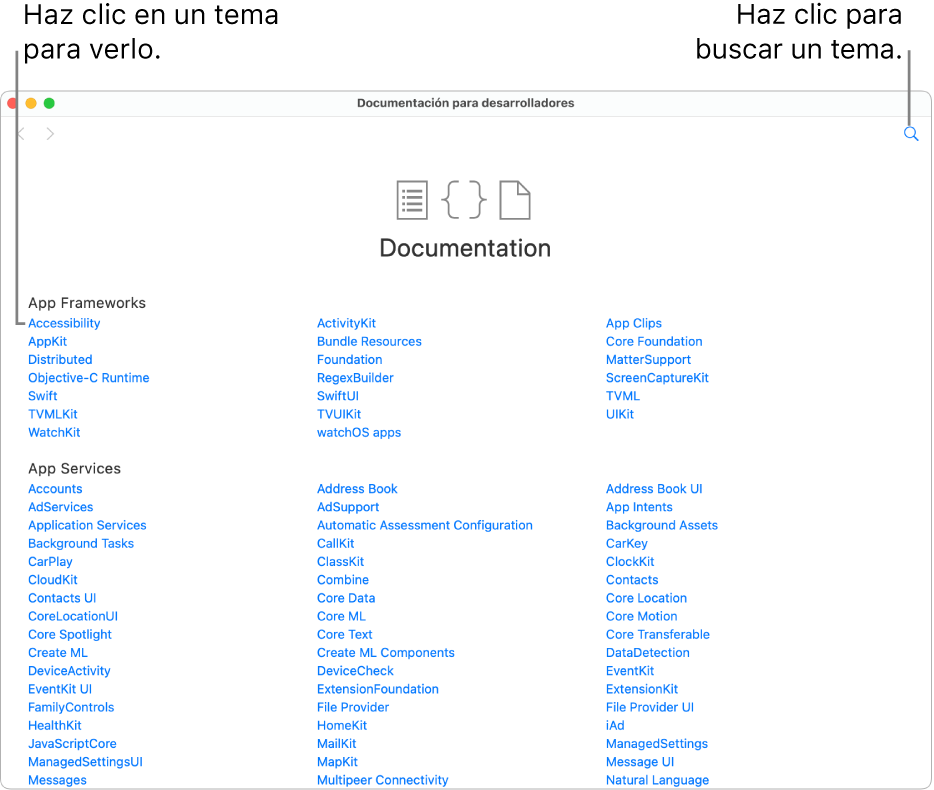 La documentación para desarrolladores de Swift, mostrando la tabla de contenido, el ícono de búsqueda en la parte superior derecha y los temas en los que puedes hacer clic para leerlos.