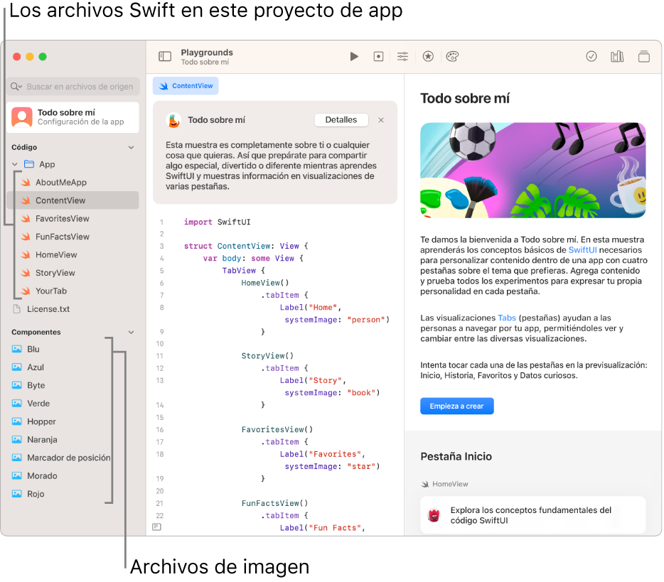 Un playground de app con la guía de la app abierta en la barra lateral derecha, mostrando el botón Iniciar tutorial. Se puede ver el área de código. La barra lateral izquierda está abierta y muestra los archivos y otros componentes de Swift del playground de app.