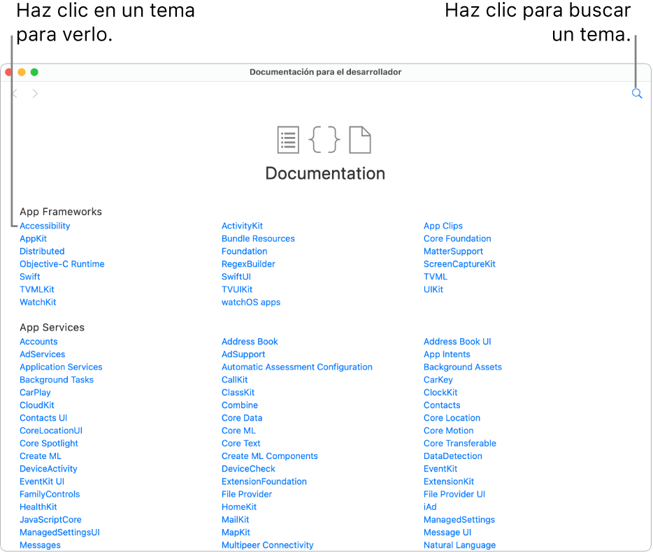 La documentación para desarrolladores de Swift, donde se ve la tabla de contenido, el icono de búsqueda en la esquina superior derecha y los temas en los que puedes hacer clic para leerlos.